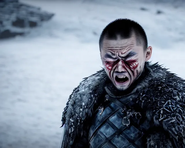 Image similar to ugly - cryer crying ice tears justin sun as night king in game of thrones, stunning tears made of ice, crimson - black bee army behind, 4 k, epic, cinematic, focus, movie still, fantasy, extreme detail, atmospheric, dark colour, sharp focus