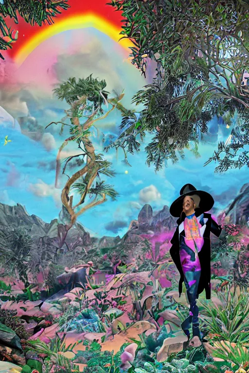 Image similar to Ethereal safari landscape with a pink rainbow sky under a god moonstone, black leather and embroidered Lolita dapper bespoke avant-garde tuxedo in velvet, black and gold rich color, dramatic cinematic lighting, featured on Artstation, extremely detailed by Lisa Frank