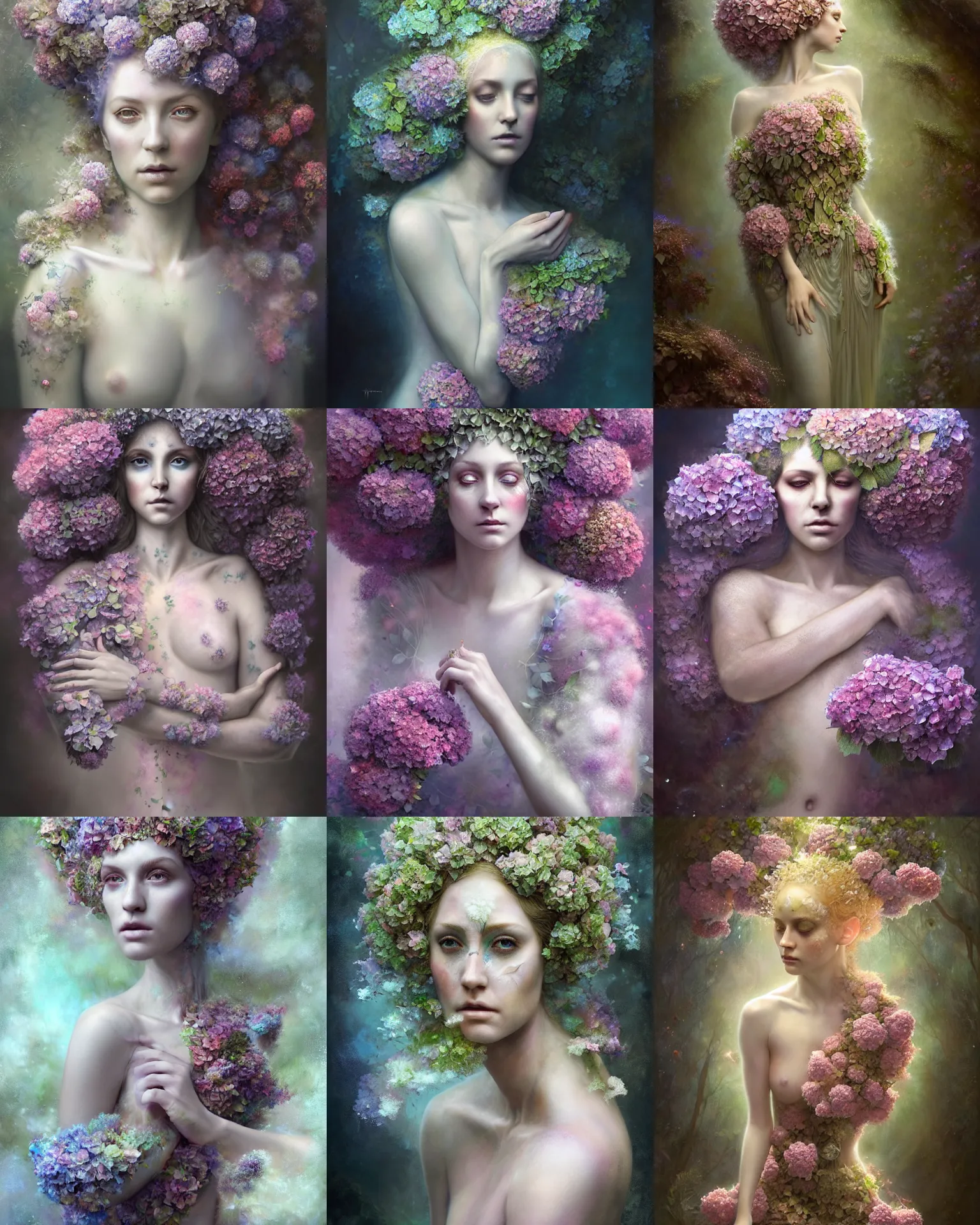 Prompt: realistic ethereal hydrangea dryad wearing beautiful dress, deity of hydrangeas made of hydrangeas, mystical, 4k digital masterpiece by Alberto Seveso and Anna Dittman, Tom bagshaw, craig mullins, artgerm, full view, fantasycore, Hyperdetailed, realistic oil on linen, soft lighting, Iconography background, featured on Artstation
