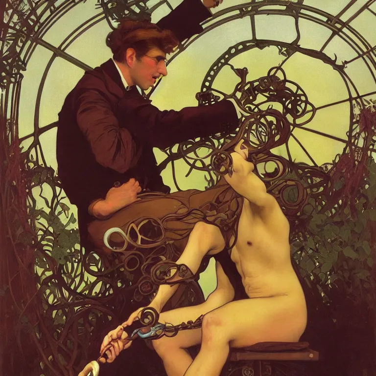 Prompt: Beautiful!! portrait of Doctor Octopus as an Edwardian dandy eating a corndog wearing a Velvet suit and sitting on a park Bench at sunset painted by Alphonse Mucha and arnold böcklin and Maxfield Parrish, hyperrealistic oil painting trending on artstation 8k