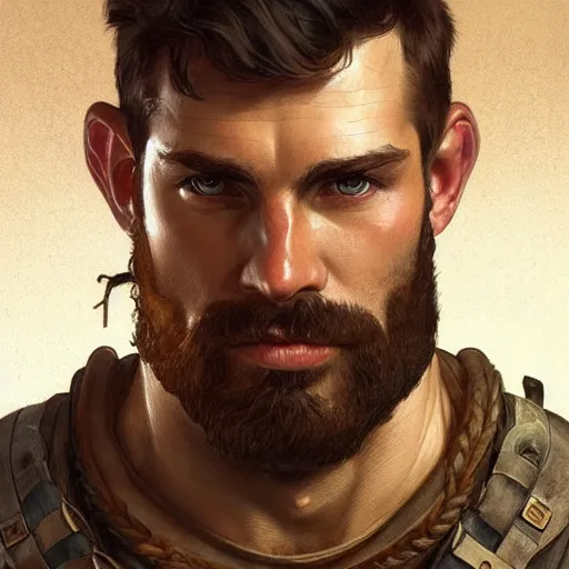 Image similar to portrait of a young rugged ranger, muscular, upper body, hairy torso, D&D, fantasy, intricate, cinematic lighting, highly detailed, digital painting, artstation, concept art, smooth, sharp focus, illustration, art by Artgerm and Greg Rutkowski and Alphonse Mucha