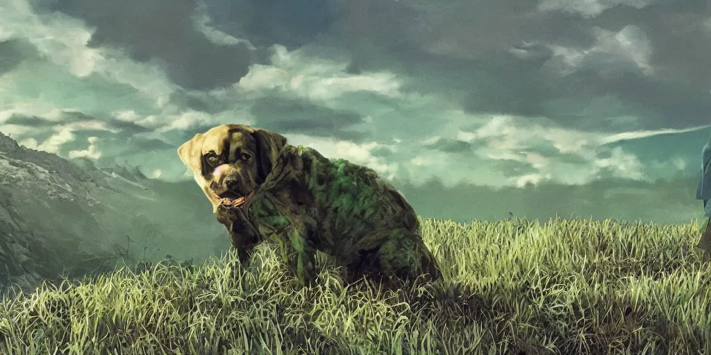 Prompt: hyperrealist, graphic novel illustration of a bulky green alien labrador retriever with shaggy green fur with green dye sitting on a grassy hill, pulp 7 0's sci - fi vibes, 9 0's hannah barbara fantasy animation, cinematic, movie still, studio ghibli masterpiece