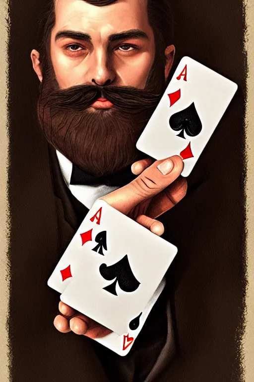 Prompt: neck bearded round face with no moustache, magician holding playing cards, realistic, modern, magicians eyes are covered with cloth, intricate, elegant, highly detailed, digital painting, artstation, concept art, addiction, chains, smooth, sharp focus, illustration, art by ilja repin