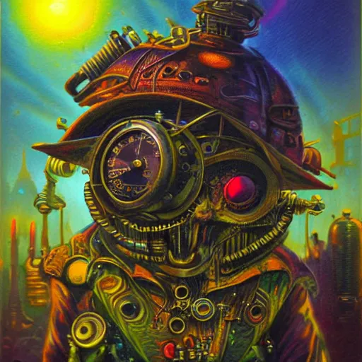 Image similar to steampunk rat, acid, 303, psychedelic, by paul lehr