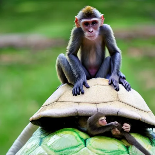 Image similar to a monkey sitting on the back of a turtle