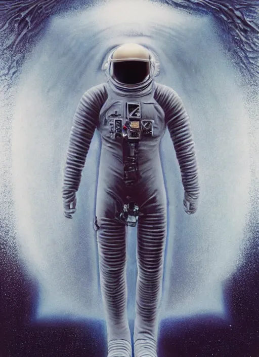 Image similar to astronaut in dark void underwater - complex and hyperdetailed technical suit design. reflection and dispersion materials. rays and dispersion of light. volumetric light. f / 3 2. noise film photo. flash photography. ultra realistic, 5 0 mm. poster by wayne barlowe, hajime sorayama aaron horkey, craig mullins