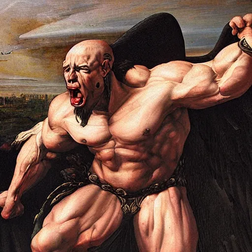 Prompt: an oil painting of a big, proud muscular Gargoyle, Renaissance painting, Renaissance Port City background, fangs, angel wings, 1450