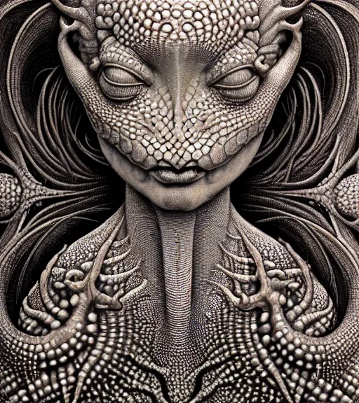 Prompt: detailed realistic beautiful gecko goddess face portrait by jean delville, gustave dore, iris van herpen and marco mazzoni, art forms of nature by ernst haeckel, art nouveau, symbolist, visionary, gothic, neo - gothic, pre - raphaelite, fractal lace, intricate alien botanicals, ai biodiversity, surreality, hyperdetailed ultrasharp octane render