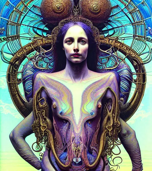 Image similar to detailed realistic beautiful young fully clothed groovypunk queen of andromeda galaxy. art nouveau, symbolist, visionary, baroque, giant fractal details. horizontal symmetry by zdzisław beksinski, iris van herpen, raymond swanland and alphonse mucha. highly detailed, hyper - real, beautiful