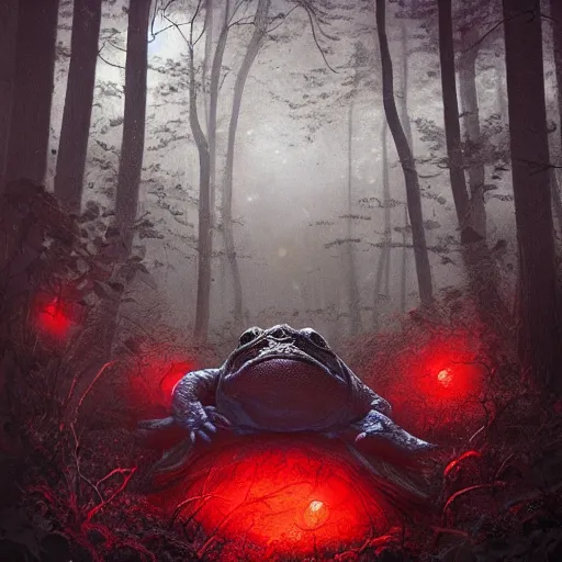 Image similar to giant evil monsterous slimy toad in the dark forest, glowing red eyes, slimy toads, dark night, midnight, foggy, atmospheric, highly detailed, hyperrealistic, gothic horror, trending on artstation, digital art, dark fantasy, by a creature artist