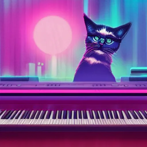 Image similar to synthwave cat playing piano