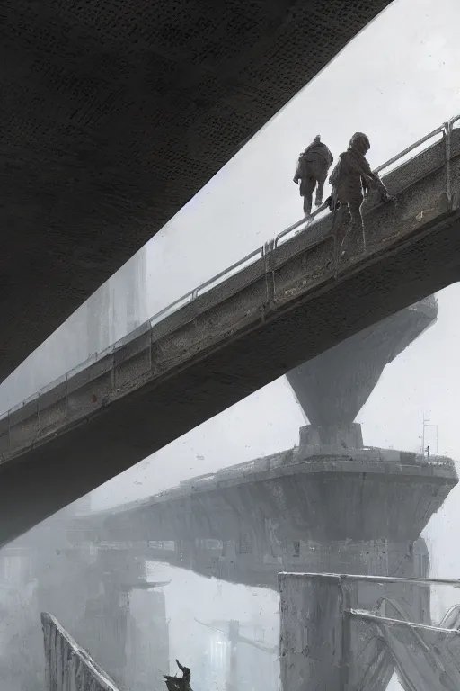 Image similar to Lonely homeless stalker walks across the bridge, over infinite soviet negastructure. Top down view. By jakub Różalski, detailed, hyper realistic, trending on artstation