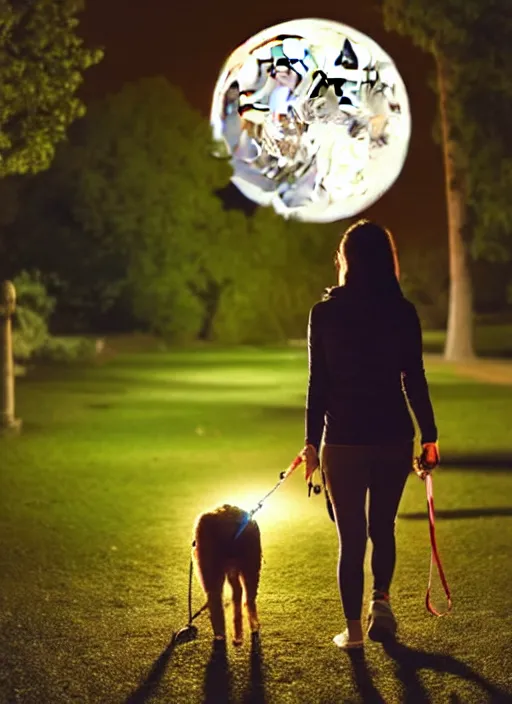 Image similar to young brown woman walking her dog in a park at night with a full moon, painting fantasy