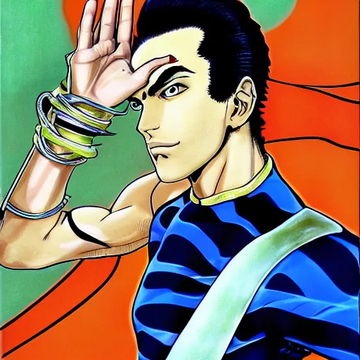 Image similar to Gigachad portrait by Hirohiko Araki, anime by Hirohiko Araki