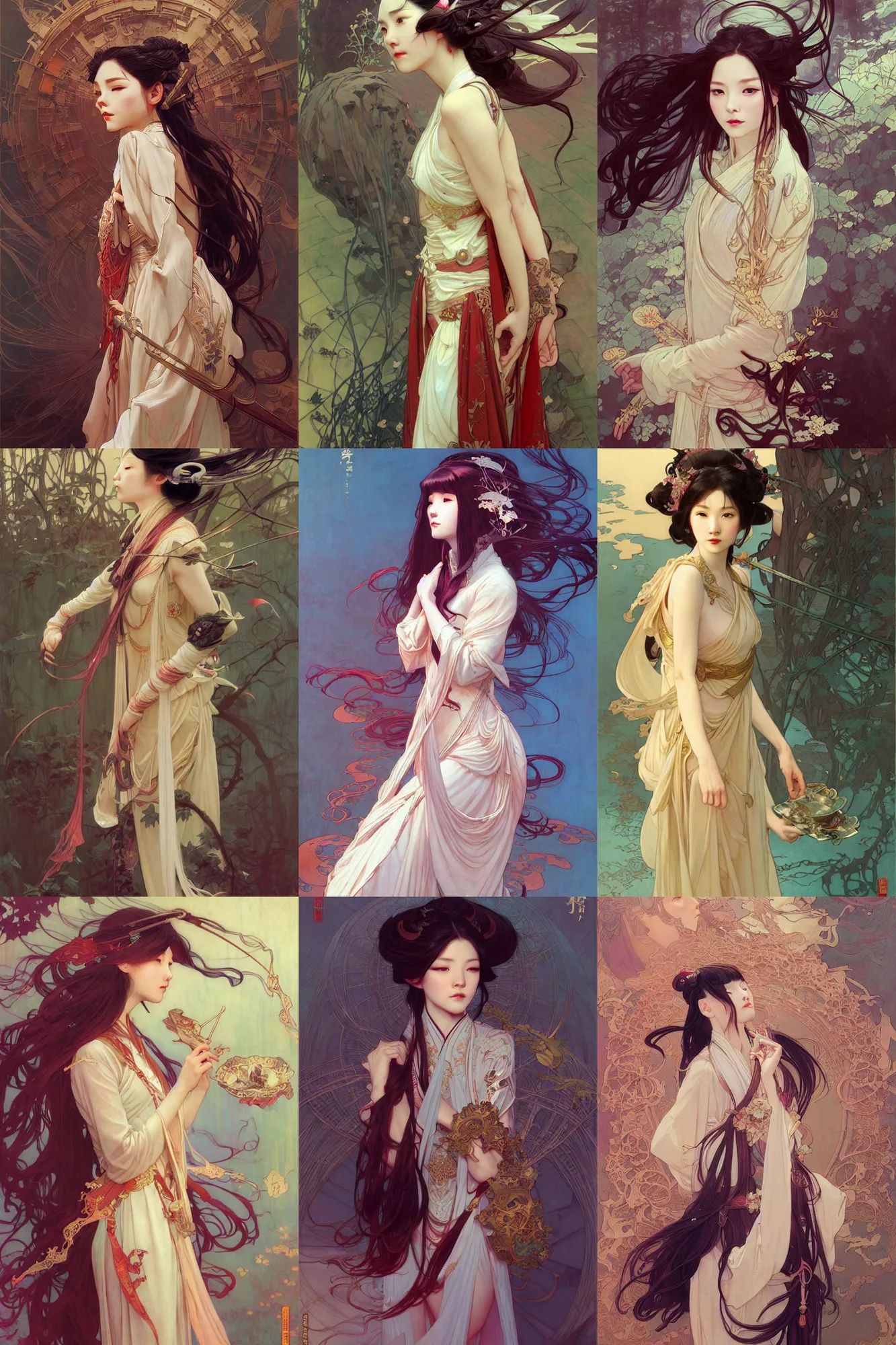 Prompt: young thin female, long hair, hanfu, fantasy, smooth, art by joseph leyendecker, peter mohrbacher, ruan jia, marc simonetti, ayami kojima, cedric peyravernay, alphonse mucha, victo ngai