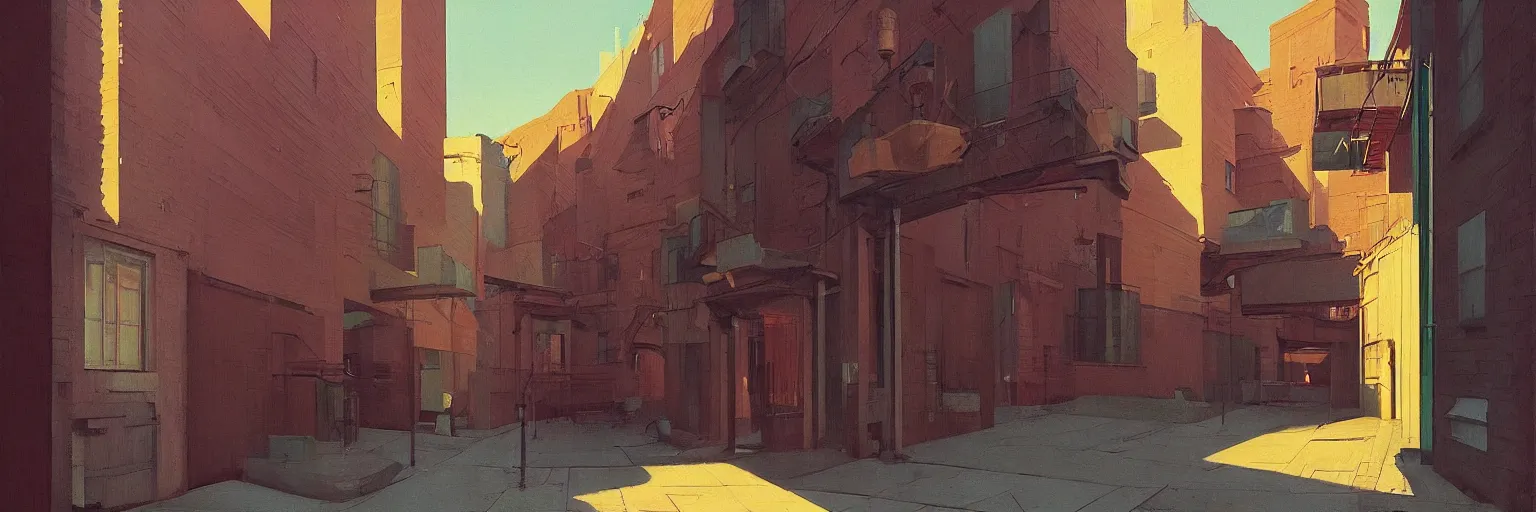 Prompt: city alley by Edward Hopper and James Gilleard, Zdzislaw Beksinski, highly detailed, cool color palette