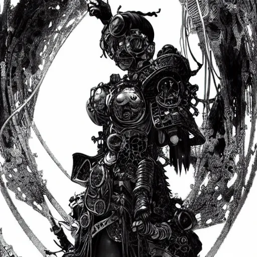 Image similar to a vertical portrait of a character in a scenic environment by yoshitaka amano and nihei tsutomu, black and white, dreamy, steampunk armor, highly detailed