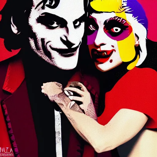 Prompt: mimmo rottela and banksy as joaquin phoenix skinny joker holding hand lady gaga harley queen, extreme photorealistic, intricate details, pop art style, concept art, details object, random object movement, 3 colors, 4 k, 4 d, smooth, sharp focus