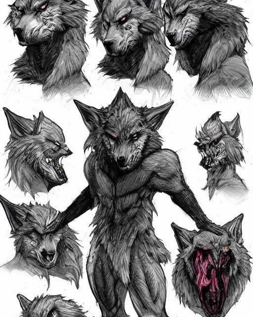 Image similar to werewolf concept designs in the style Neville Page, highly detailed, trending on artstation