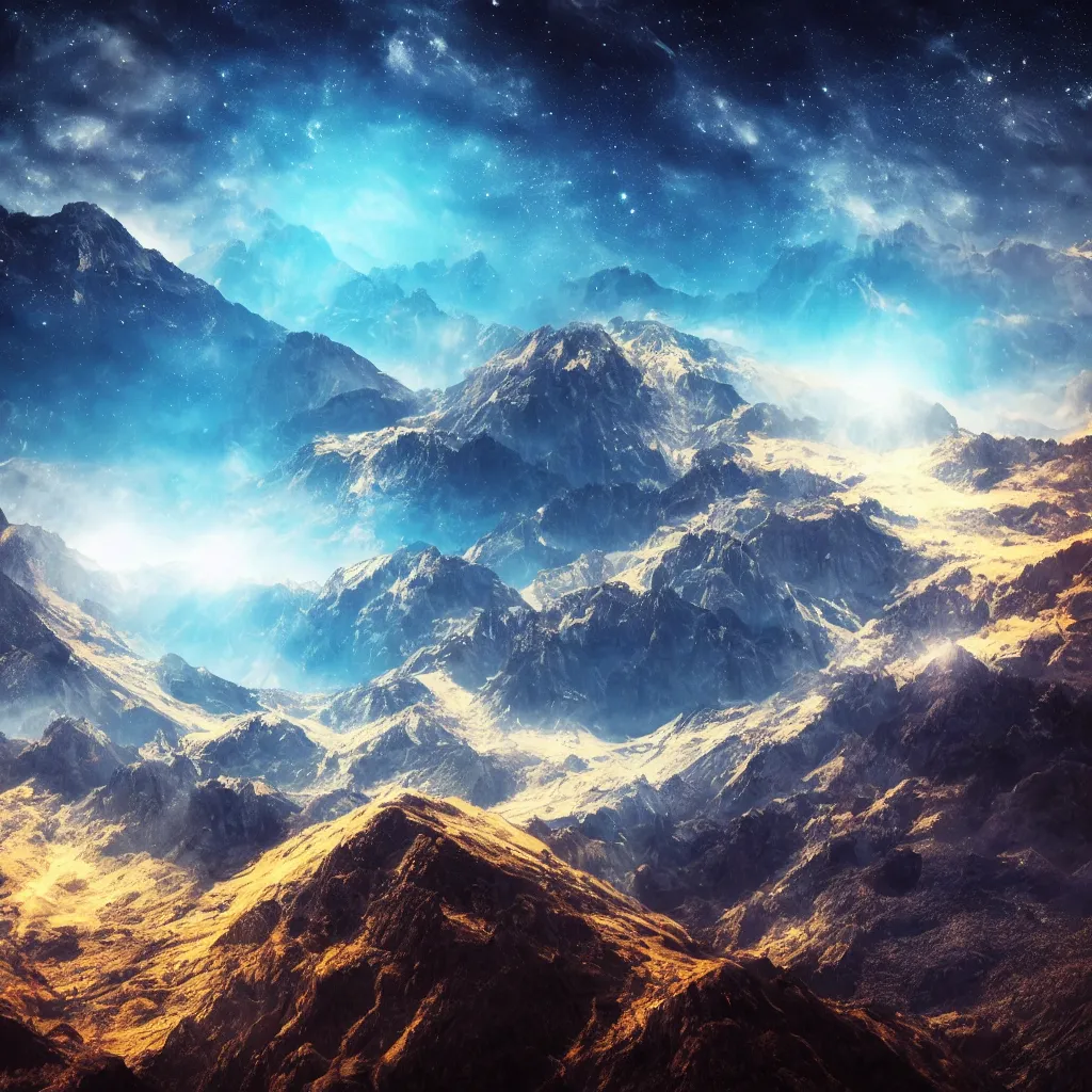 Image similar to vertical, mountains, limit, universe, galaxy, upwards, photo, blue sky, realistic, highly detailed, cinematic