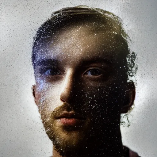 Image similar to A double exposure of a 4x5 styled portrait of a man coupled with an abstract oil-on-canvas painting, bokeh, shallow depth of field, ethereal, fog