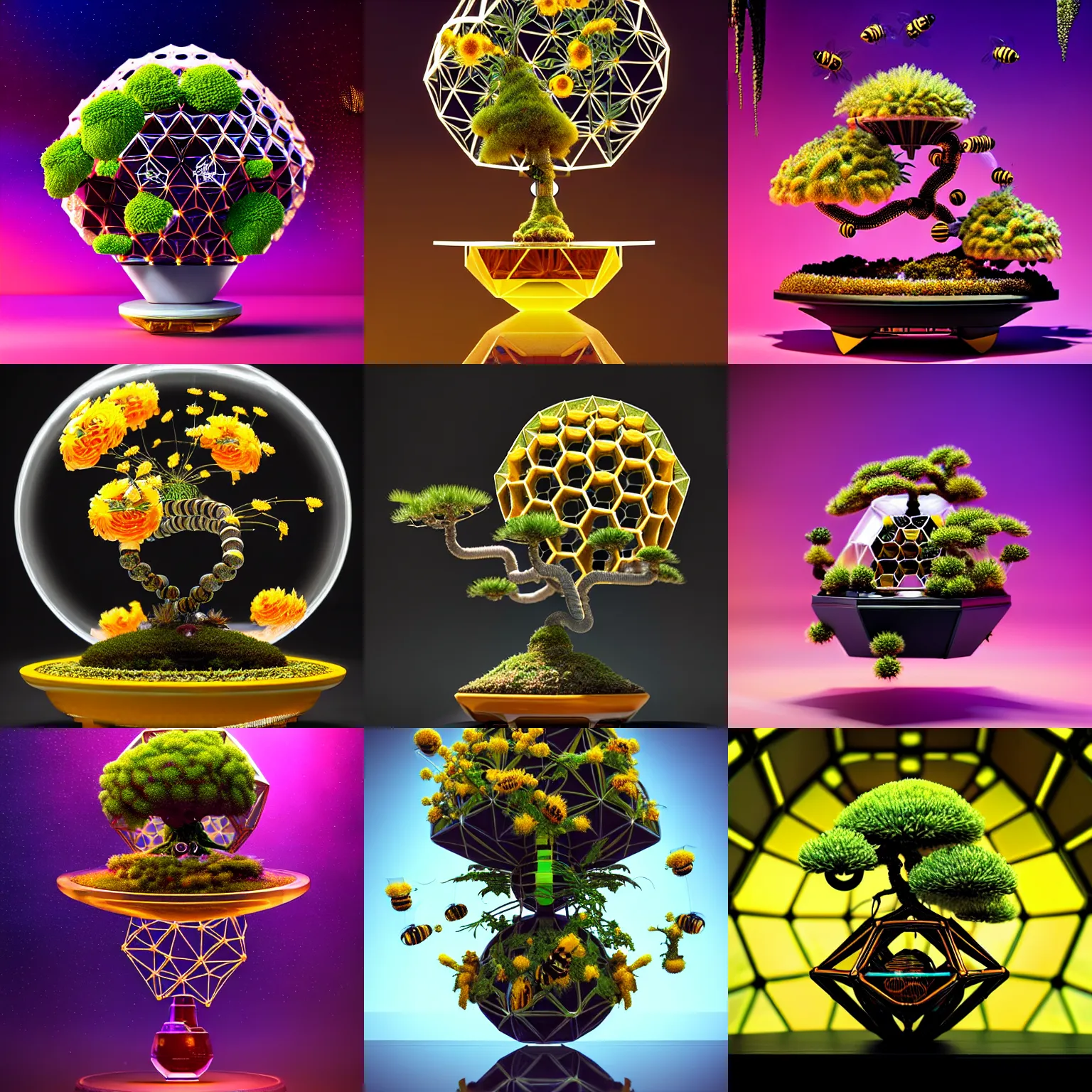 Prompt: decadent biotech floral spaceship geodesic bonsai honey bong | elaborate, fun, bumblebee, cyberpunk, galactic, weta disney movie still photo, hi - fructose, sci fi fantasy, divine proportion, octane render, sharp focus, artstation, concept art | feng zhu, rutkowski, beeple