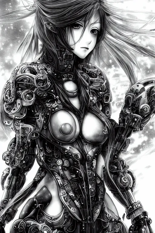 Image similar to a vertical portrait of a character in a scenic environment by Yoshitaka Amano, black and white, dreamy, cybernetic armor, wavy long black hair, highly detailed