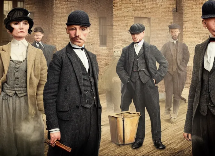 Image similar to peaky blinders crew made out of shrimp, poster, matte painting, 3 - d highly detailed, in the style of mark ryden,