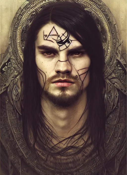 Image similar to portrait of a young giant charming cunning man with runic face tattoo and long tangles of straight black hair, piercing eyes, wearing royal viking robe, hyper realistic face, epic, very low angle, fantasy art, in the style of greg rutkowski, intricate, alphonse mucha, hyper detailed, smooth