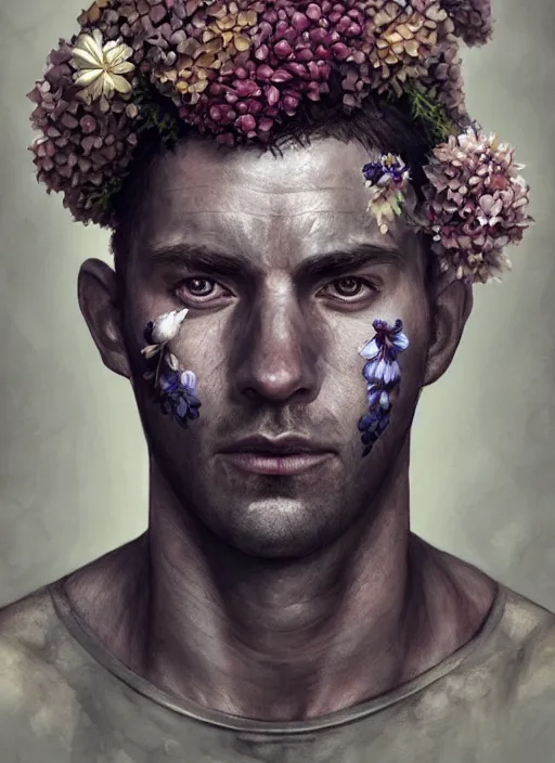 Image similar to handmade character portrait of a serious american soldier man, flowers growing on his face and body, amaratyllis, hydrangea, chrysanthemum, hyacinth, in the style of artgerm and enki bilal and bastien lecouffe - deharme, wlop, line art, watercolor, cinematic lighting, hyperdetailed, hyperrealistic