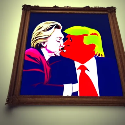 Image similar to realistic portrait of Donald trump kissing Hillary Clinton, hyperrealistic