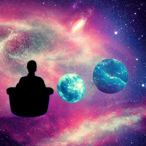 Image similar to a person floating out of their recliner chair, dramatic galaxy background scene, stars planets suns