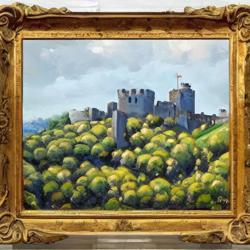 Prompt: a medieval fortress standing on a hill over the countryside, painted by kelly sue deconnick