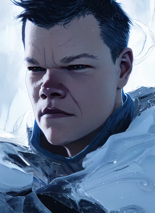 Image similar to character design by james jean, jakub rebelka, tran nguyen, yoann lossel, wadim kashin ( ( ( portrait of matt damon as ice man from xmen ) ) ) emerging from a frozen temple, sharp edges. ultra clear detailed. 8 k. ultra detailed, majestic, intricate