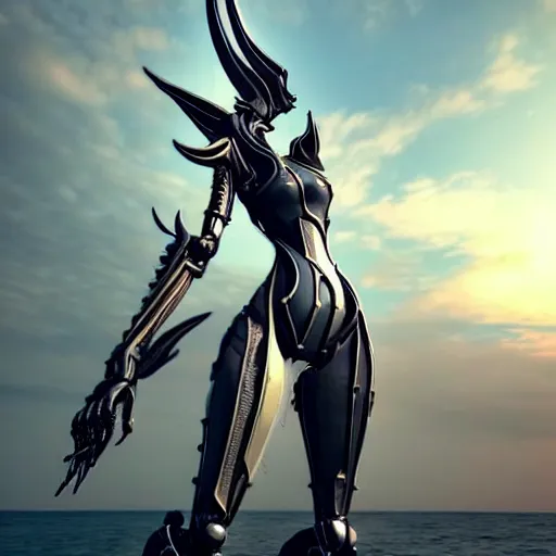 Image similar to looking up at a highly detailed 300 foot tall giant exquisite beautiful stunning valkyr female warframe, as an anthropomorphic robot dragon, posing elegantly over your tiny form, detailed legs looming over you, camera on the ground, at the beach on a sunset, sleek streamlined design, streamlined matte black armor, sharp detailed claws, detailed sharp robot dragon feet, worms eye view, giantess shot, upward shot, ground view shot, leg shot, front shot, epic cinematic shot, high quality warframe fanart, captura, realistic, professional digital art, high end digital art, furry art, giantess art, anthro art, DeviantArt, artstation, Furaffinity, 8k HD render, epic lighting