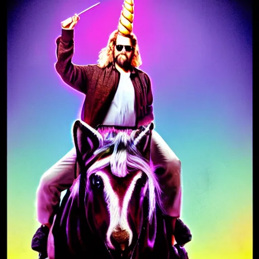 Image similar to big lebowski riding a unicorn, cinematic lighting, award winning photography