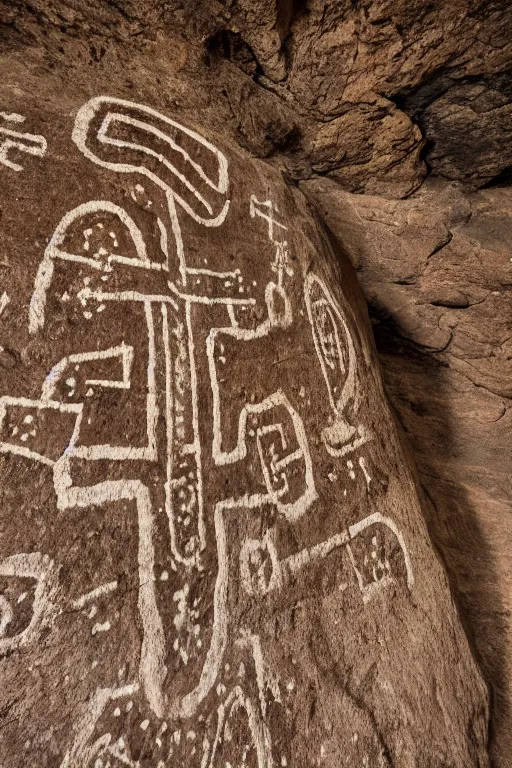 Image similar to 4 k photography of petroglyphs representing crosses, sauwastica, wifi symbol on a cave