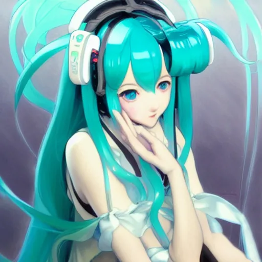 Image similar to hatsune miku using computer, illustration, art by artgerm and greg rutkowski and alphonse mucha