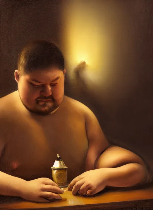 Image similar to insanely detailed chiaroscuro image of a exhausted - looking chubby casually - dressed programmer guy on his knees facing his glowing ultrawide monitor monitor begging it for forgiveness, oil on canvas, masterwork, fine detail, trending on artstation, emotive, insanely compelling, ryden, koons, moebius