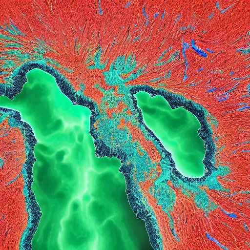 Prompt: hyperrealistic landsat image of a river flowing in an interesting shape, detailed, 4k, vector, contrasting colors, award winning, false colors