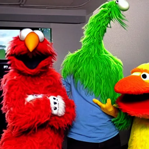 Prompt: selfie of elmo out clubbing with big bird and oscar the grouch