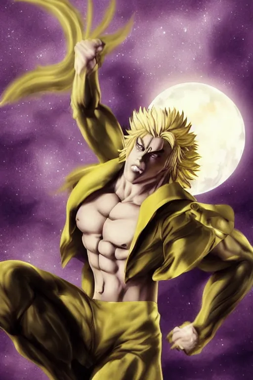 Dio Brando posing dramatically with a full moon behind, Stable Diffusion