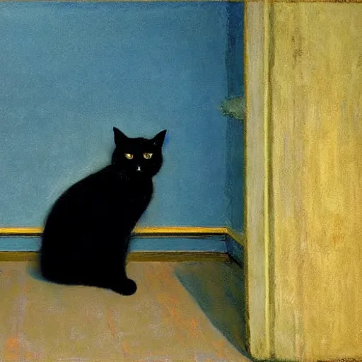 Prompt: a black winged cat in a blue and gold haunted liminal abandoned room, film still by edward hopper, by gottfried helnwein, by klimt, art noveau, highly detailed, strong lights, liminal, eerie, bright pastel colors,