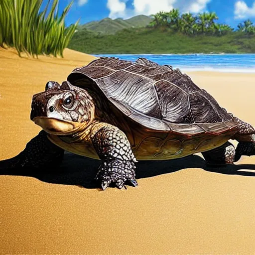 Image similar to large cute adorable snapping turtles walking on the beach in maui, hyper realistic painted by greg rutkowski, unreal engine