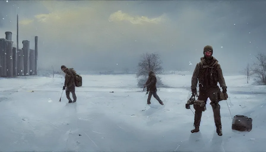 Prompt: a beautiful painting in the style of sergey kolesov of a snowy landscape overlooked by a handsome man in tactical gear fit for a spy, overseeing a large brutalist facility in the distance, award winning art