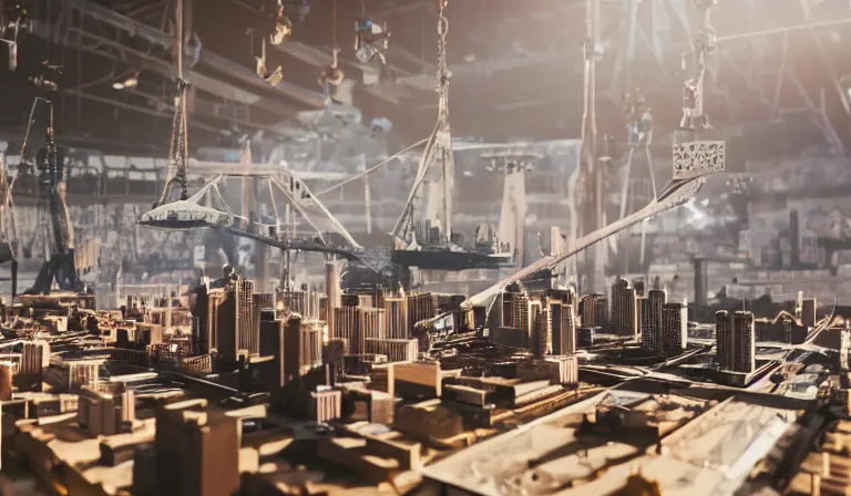 Image similar to group of people in simple warehouse, looking at hologram of futuristic city on a table, cinematic concept art, godrays, golden hour, natural sunlight, 4 k, clear details, tabletop model buildings, center model buildings, hologram center, crane shot, crane shot, crane shot