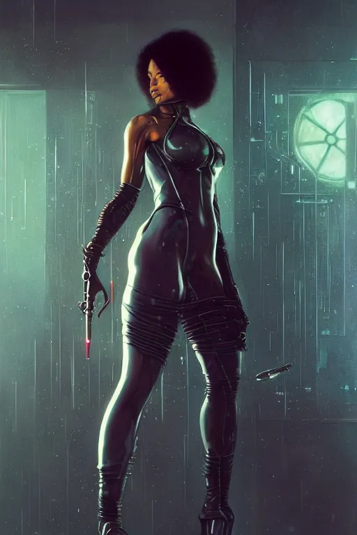 Prompt: cyberpunk normani as aeon flux profile picture by greg rutkowski, dynamic pose, intricate, futuristic, fantasy, elegant, by stanley artgerm lau, greg rutkowski, thomas kindkade, alphonse mucha, loish, norman rockwell, metal chrome, shiny, rainy background, asymmetric, long afro hair,