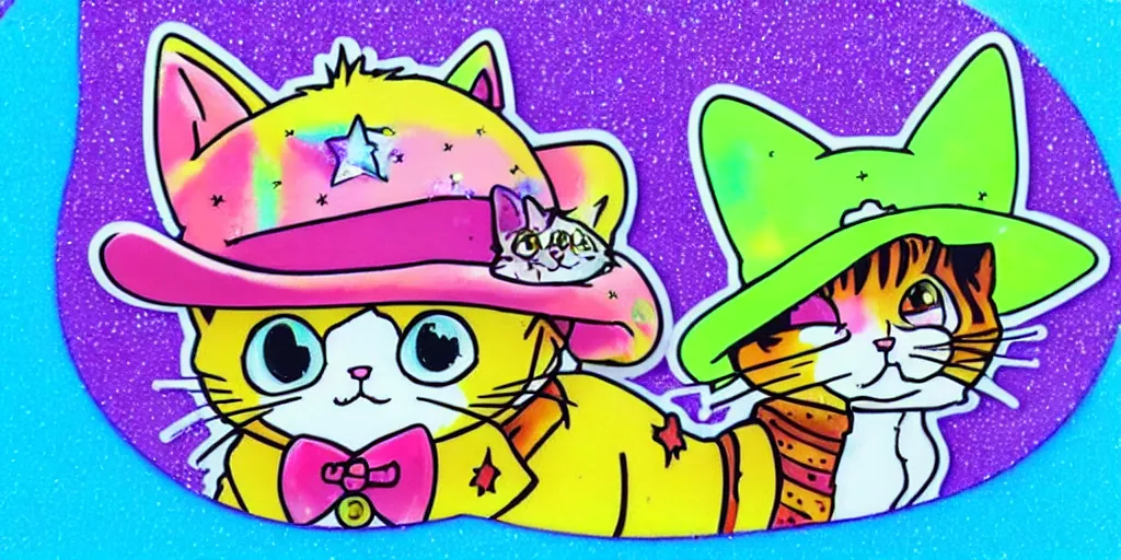 Image similar to a cat cowboy, puffy sticker, glitter sticker, kawaii by studio ghibli, by lisa frank 8 k pastel colours, neon colours, fluorescent colours,