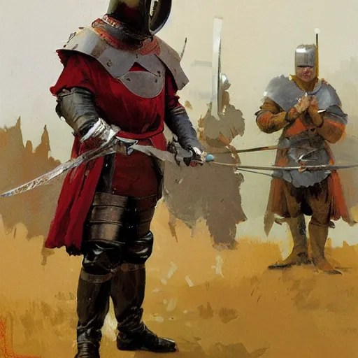 Image similar to portrait of man wearing gambeson and sallet helmet, holding sword, fighting, aggressive, detailed by greg manchess, craig mullins, bernie fuchs, walter everett