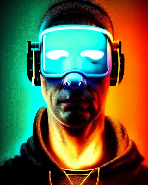 Image similar to cyberpunk synth, hyper - realistic portrait of a man in a hoodie with detailed neon mask, cyberpunk, intricate, lifelike, by atey ghailan, by greg rutkowski, by greg tocchini, by james gilleard, by joe fenton, by kaethe butcher, dynamic lighting, gradient light blue, brown, cinematic lighting color scheme, sharp focus, grunge aesthetic